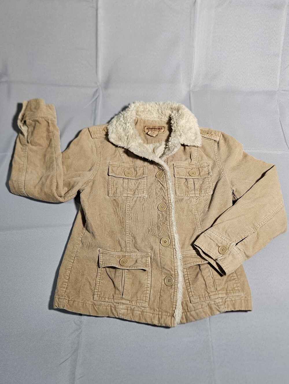 Aeropostale Vtg 90s Y2K Barn Corduroy Sherpa Jacket Tan Utility Button Front Sm